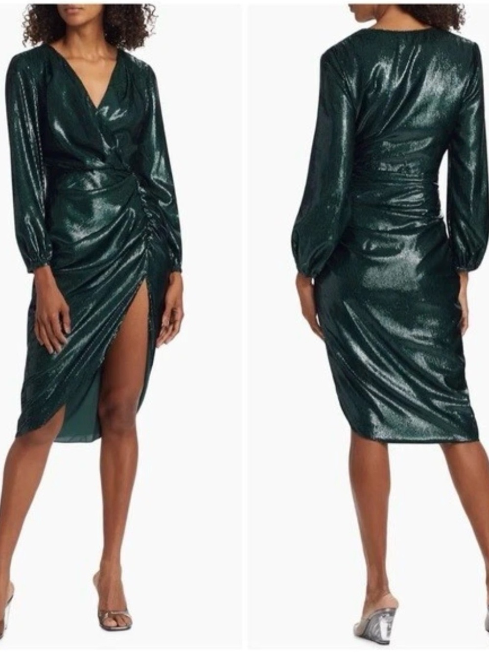 Amanda Uprichard Roma Metallic Long Sleeve Midi Dress Green MEDIUM NWT